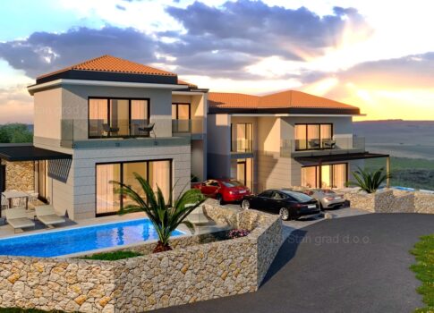 Vrbnik, új építésű, modern ikerház medencére és tengerre néző kilátással