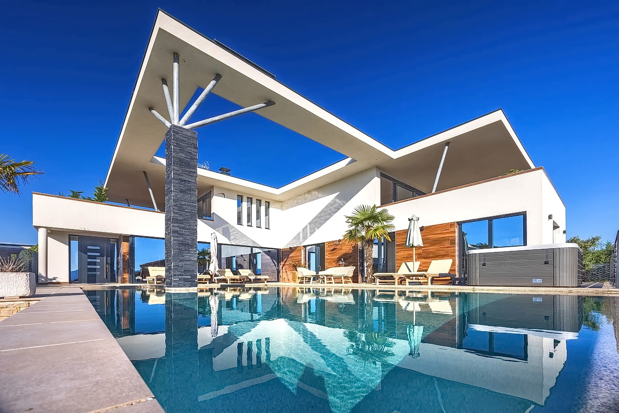 Krk, környéke, impozáns villa medencével, kilátással a tengerre!