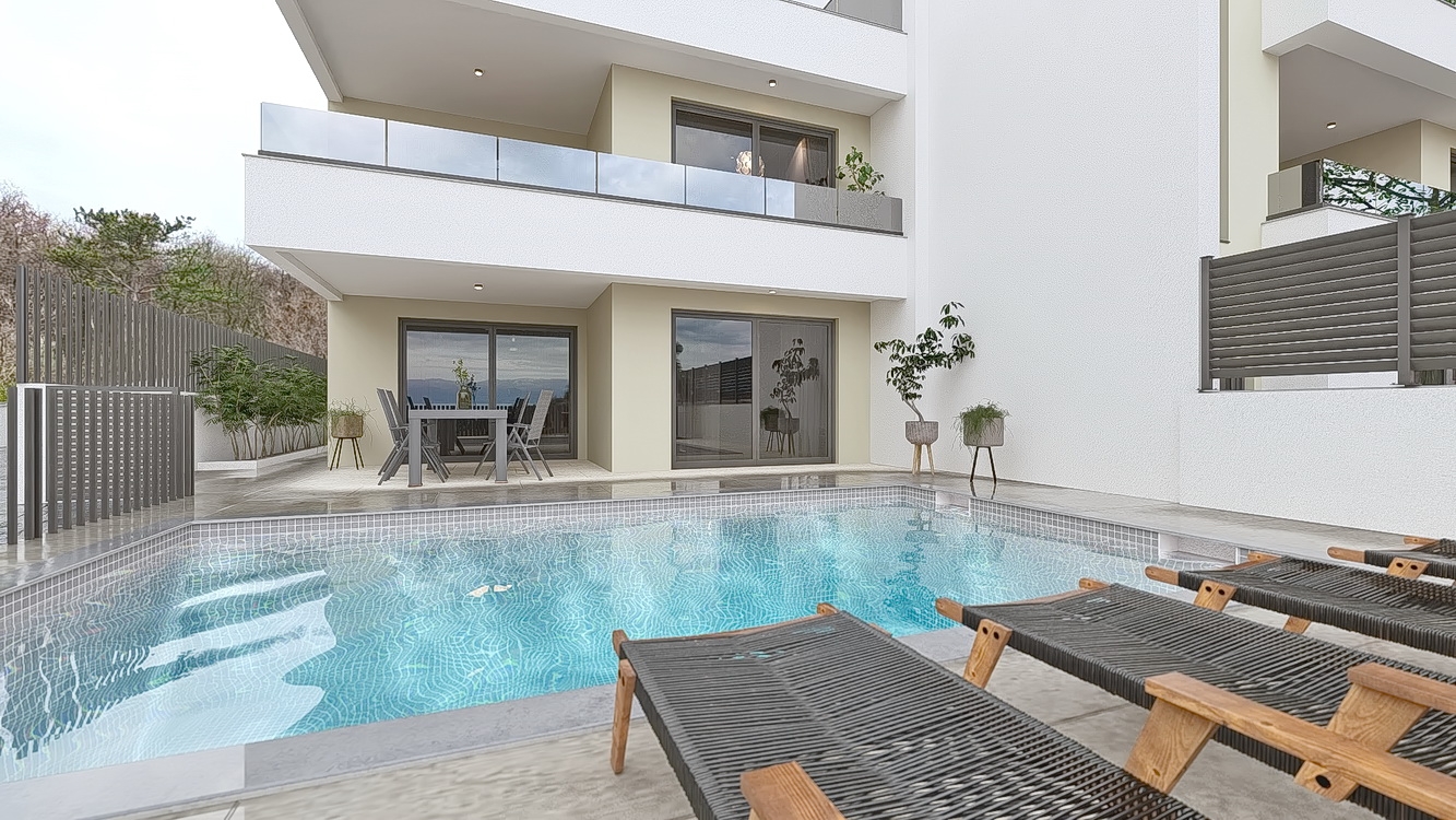 Vrbnik, modern földszinti apartman kerttel és medencével!
